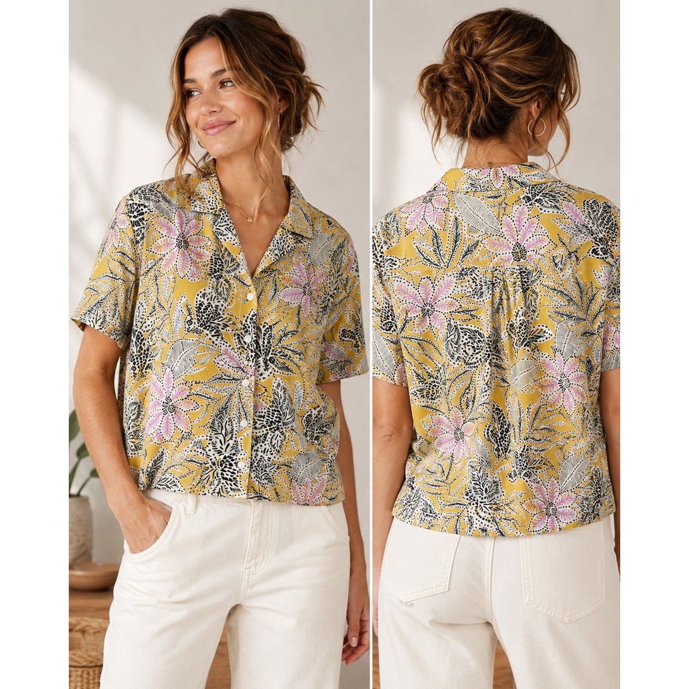 Marine Layer Womens Yellow‎ Floral Short Sleeve Button Up Camp Shirt XL 16017